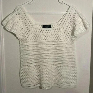 WYSE London White Open Crochet Short Sleeve Square Neck Blouse Top Size Small